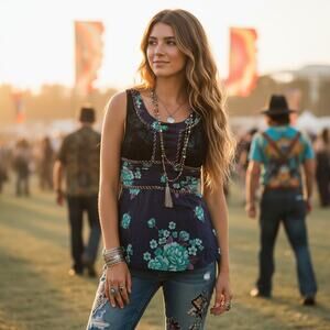 Free People Y2K‑Era Floral Embroidered  Sleeveless Top Size 2